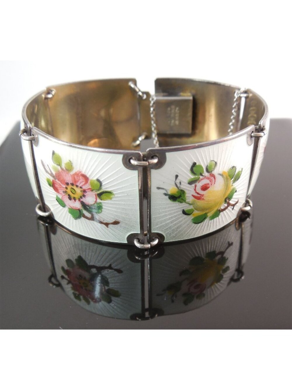 Vintage Finn Jensen Norway Sterling Silver White Guilloche Enamel Floral Wide Pa